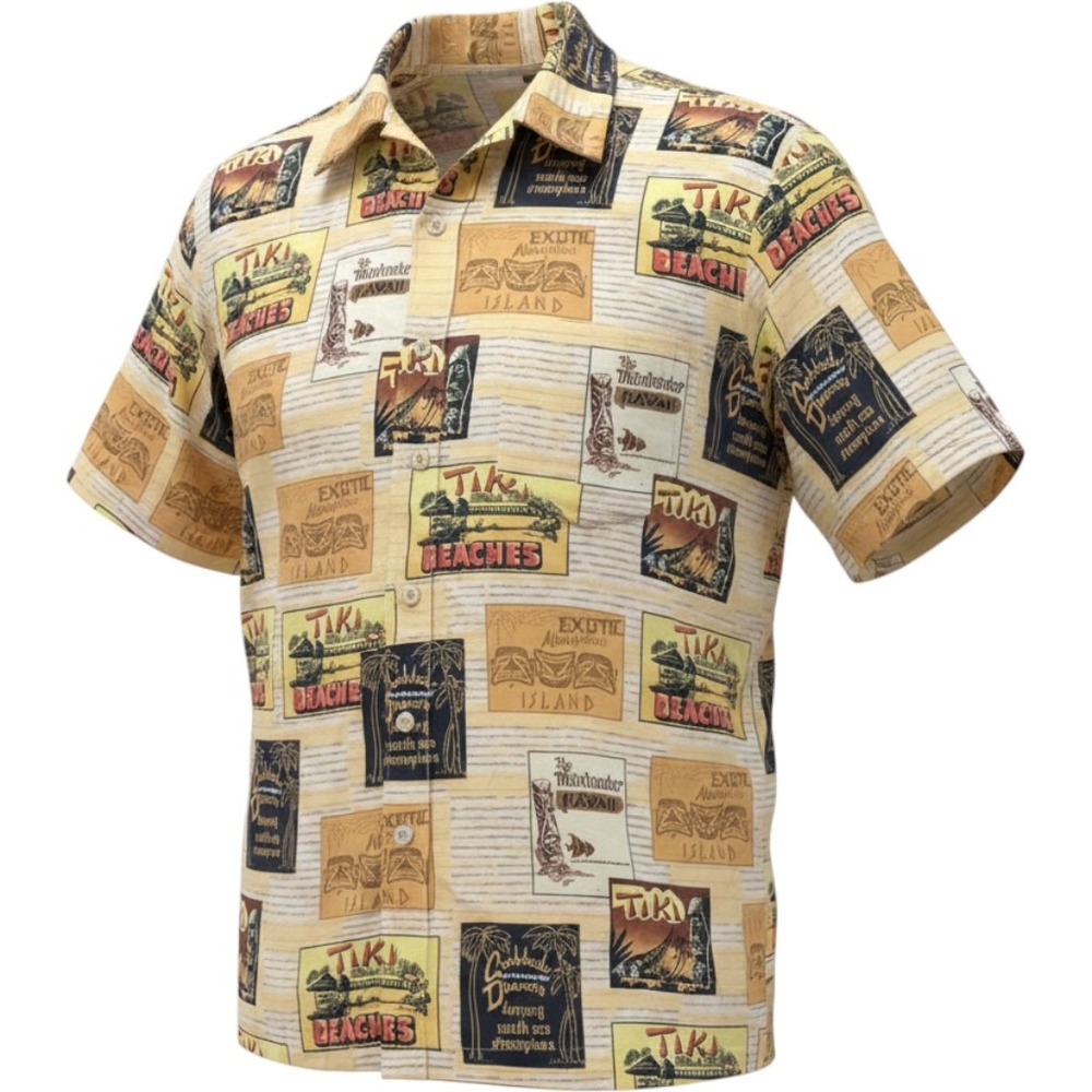 Hilo Hattie Hawaiian‎ Shirt Mens Medium Beige 100% Silk Excellent Tiki Postcard